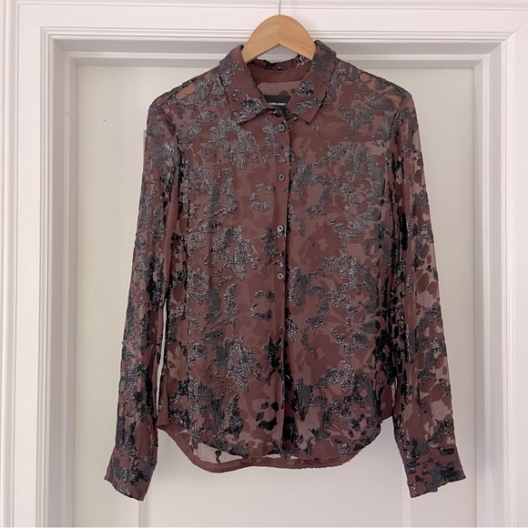 Rachel Comey brown transparent button down shirt with sequin florals - Picture 1 of 4